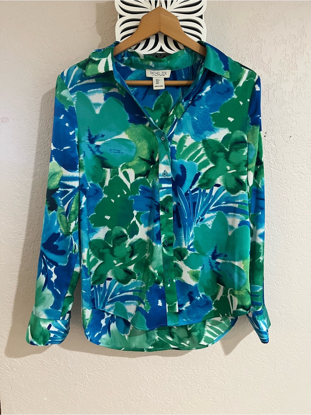 Rachel Zoe Blue & Green Floral Button-Front Blouse size small